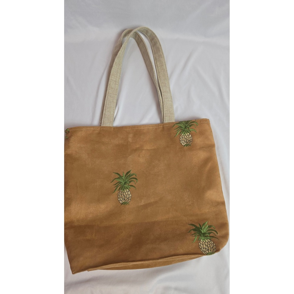 Tan Faux Suede Pineapple Embroidered Tote Bag Tropical Boho Summer Coastal Bag